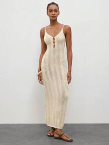 MAIJA 度假风钩编镂空串珠搭扣V领吊带连衣裙 - 杏色 - 查看 4