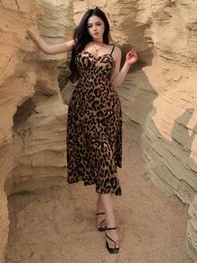 DAZY Women's Elegant Leopard Print Sleeveless Mid-Length Dress, Summer,Wedding Guest Dress Women Sundress - Coffee Brown - View 7