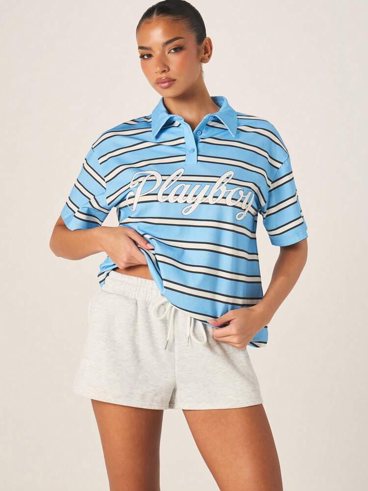 Missguided x Playboy Women's Horizontal Striped Oversized Collared Polo Shirt Casual Retro Summer Top With Logo Print Short Sleeve Cotton Tee
