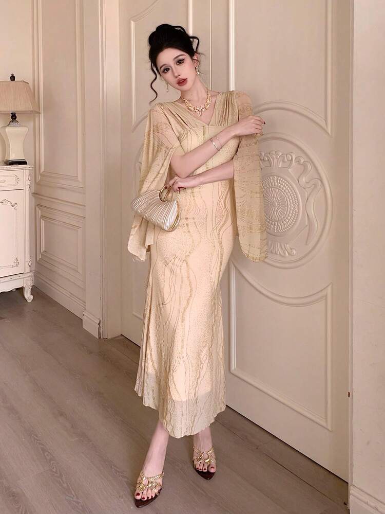 Spring & Summer Shiny Gold Cape-Style Flare Sleeve Dress, Elegant For Valentine's Day, Wedding, Party, Banquet, Fashion Event, Commute, Floral Print Mermaid Maxi Dress With Long Sleeves For Women Sundress