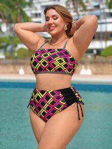 Swim Lushoire Plus Size Women's Printed Bandeau Detachable Strap Bikini Set, 2 Pieces Swimwear For Beach, Pool, Party - Multicolor - View 6