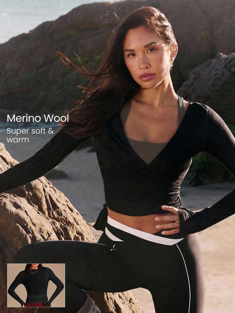Tencel Wool Flex Down Soft Warm Cozy Rerversible Tie-Waist Hip-Length Long Sleeve V-Neck Wrap Top Autumn Winter Yoga Pilates Studio Daily Casual Wear