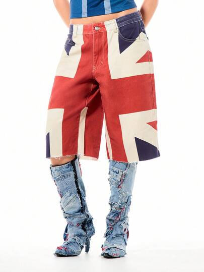 SUMWON WOMEN 宽腿米字旗英国国旗牛仔短裤，毛边裤脚，高腰中长款，夏季爱国宣言短裤