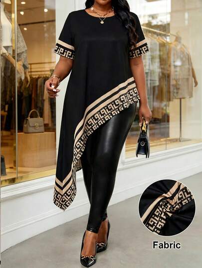 SHEIN Lady Plus Size Geometric Print Round Neck Asymmetric Hem Casual Short Sleeve Shirt