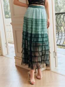 Anewsta Gradient Green Mesh Patchwork Tulle Skirt, Suitable For Party And Daily Wear - Green - View 3