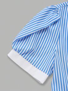 GlowEve Women's Striped Pattern Lapel Design Waist A-Line Dress, Elegant And Charming For Holiday, Commute, Music Festival, Date, French Riviera, Beach, Street Style, Versatile, Spring/Summer, Light Blue Striped New Arrival Puff Sleeve Midi Dress - Blue and White - View 7