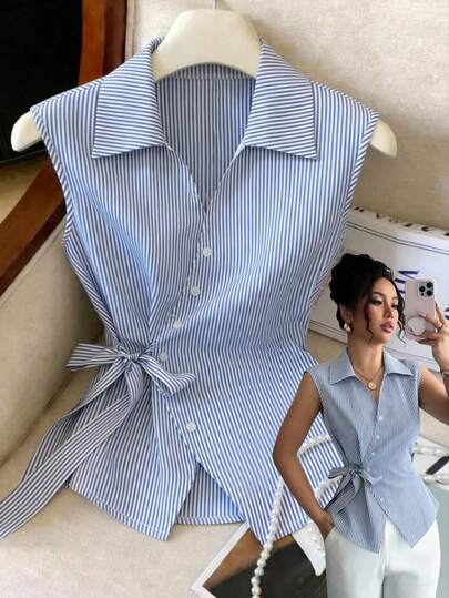 GlowEve Women's Casual Vacation & Work Commute Striped Print Wrap Tie Front Sleeveless Shirt, Summer