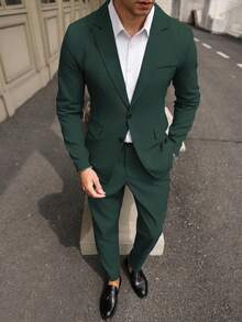 Manfinity Mode 纯色单排扣长袖西装外套和裤子2件套 - 墨綠色 - 查看 5
