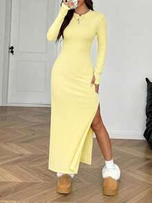 SHEIN EZwear Women's Solid Color Round Neck High Slit Long Sleeve Tight Fitting Dress, Goose Yellow Long Yellow Dress Slit Dress Split Dress Long Sleeve Long Dress Light Yellow Dress Women - Yellow - View 4