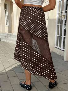 Siren Gaze Women's Casual Polka Dot Print Contrast Lace Skirt Brown Polka Dot Skirt Brown Long Skirt Polka Dot Skirt Lace Insert Skirt Western Skirt - Coffee Brown - View 2