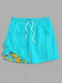 Manfinity RSRT Men's Drawstring Waist Pocket Duck Print Casual Beach Shorts - Teal Blue - View 2
