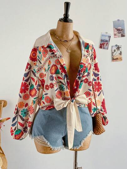 Soleia Plus Size Women's Tropical Print Tie Front Shirt,Summer Outfits,Spring Outfit Women, Festival Outfits For Women,Beach Outfits For Women ,Beach Vacation Outfits For Women,