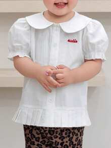 DAZY Top a maniche corte con colletto arricciato a tinta unita per bambine, stile coreano estivo per bambini piccoli - Bianco - Visualizzare 10