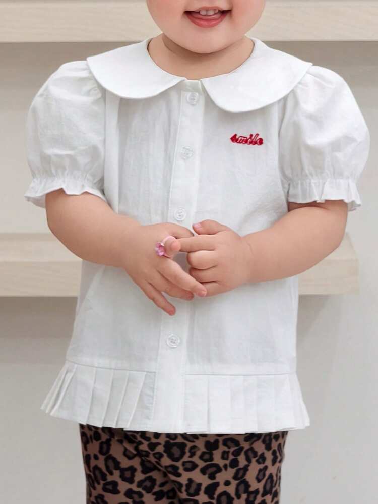 Baby Girls' Solid Color Ruffle Collar Short Sleeve Top, Korean Style Summer