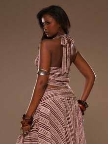 MUSERA 纹理条纹深V露背长款无袖上衣，春夏度假海滩优雅伊比沙岛节日塔吉锅 - 彩色 - 查看 4