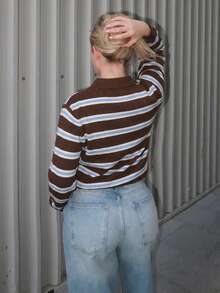 Turnttoni 女式休闲宽松条纹 Polo 领落肩长袖毛衣，秋冬 - 棕色 - 查看 2