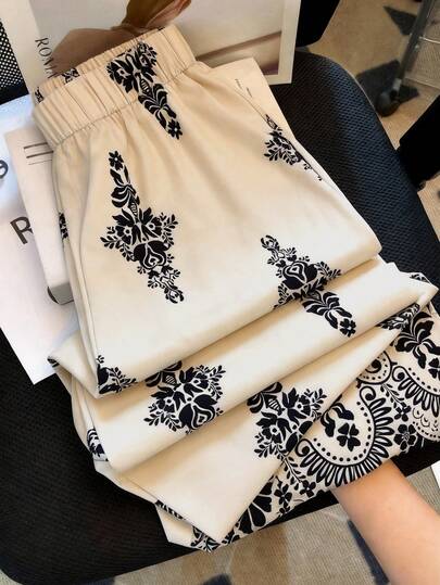 Franclia Women's Casual Vacation Printed Loose Pants, Positioned Printed Wide Leg Pants With Pockets, Elastic Waist, Beach Pants, Spring/Summer Printed Wide Leg Pants, Women's Vacation, Music Festival Pants, Gentle, Intellectual, Elegant, High-End, Elegant, Commuting, Daily, Summer, Party, Beach, Date, Graduation, Business Office, Urban Fashion Versatile Daily Pants Pattern Pants Printed Pants Print Pants Women Boho Pants For Women Elegant Pants For Women