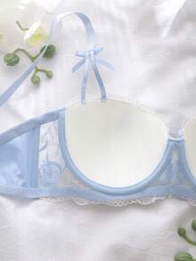 1件套薄纱刺绣网纱吊带睡裙套装，带衬垫罩杯和钢圈，夏季度假睡衣，粉色 - 藍白色 - 查看 3