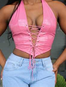 Top halter con cordón delantero PU - Rosa - Ver 6