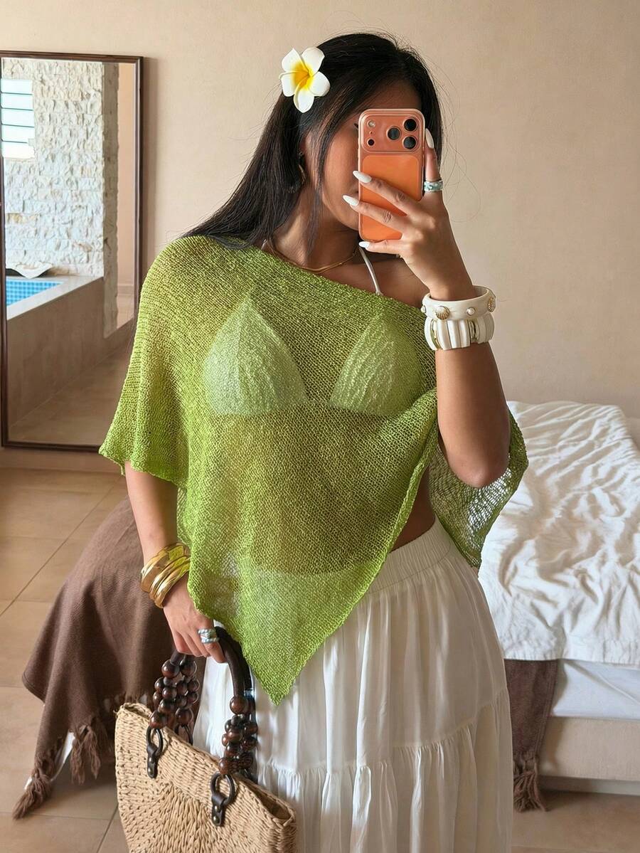 Sunnyshic 女士绿色镂空露肩休闲轻薄针织披肩，适合夏季度假 - 綠色 - 查看 1