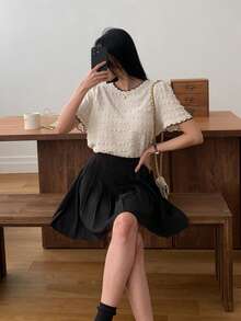 DAZY Women's Summer Textured Loose Fit Contrast Trim Casual T-Shirt - Apricot - View 7