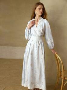 MOTF PREMIUM WOMEN'S ELEGANT LONG SLEEVE CONTRAST LACE NOTCHED NECK DRESS - Multicolor - View 6