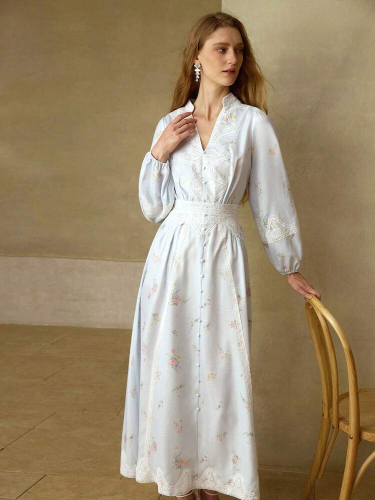 WOMEN'S ELEGANT LONG SLEEVE CONTRAST LACE NOTCHED NECK DRESS