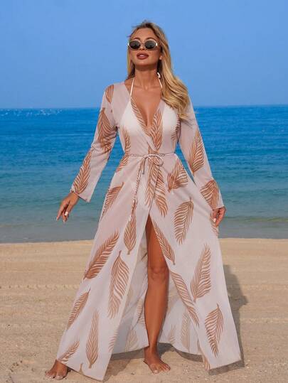 Swim Vcay Kimono de manga larga con estampado aleatorio de hojas, elegante y de verano para mujer