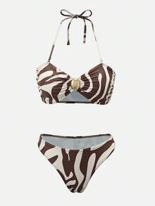 Swim Oasis Women's All-Over Print Bandeau Bikini Set With Sarong Skirt - Black - View 10