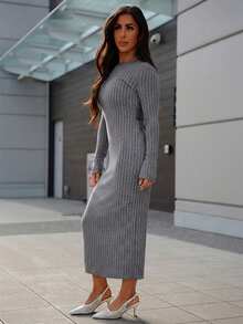 SAYEHFBABY Solid Ribbed Knit Bodycon Black Dress - Dark Grey - View 5