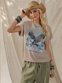 Wildy Áo thun nữ tay ngắn phong cách Boho, thích hợp cho lễ hội âm nhạc, phong cách miền Tây nước Mỹ, vintage, họa tiết bông tuyết bạc màu, thích hợp mặc hàng ngày vào mùa xuân/hè. Trang phục thường ngày, phong cách miền Tây, áo thun miền Tây, trang phục Boho cho nữ, phong cách Boho Chic cho nữ. - Lạc đà - Xem 6