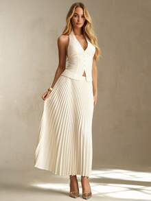 SHEIN Glamour Apricot Sleeveless Woven Button Back Camisole Top, Casual Mid-Length Pleated Skirt Minimalist Women's Suit Set - Apricot - View 4