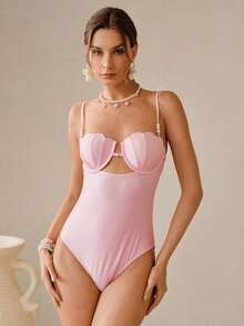 Swim Oasis 2pcs Solid Color Swimsuit Set, Shell Design Push Up Semi-Sheer Cover-Up Monokini Swimsuit, Summer - Pink - View 9