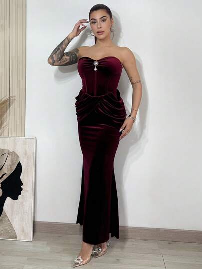 Bearsaez 女士酒红色复古优雅褶皱修身派对连衣裙，节日礼服，连衣裙，新年装扮