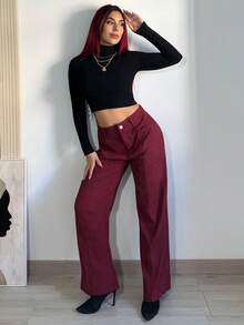 Bearsaez Women Casual Solid Color Straight Leg Pants, Autumn - Burgundy - View 5
