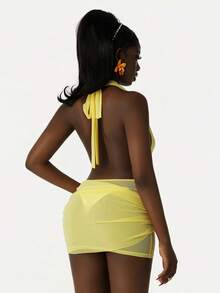 Amplova 女士垂褶领裹身连衣裙，性感前卫，适合度假穿着，可爱透视设计 - 黃色 - 查看 2