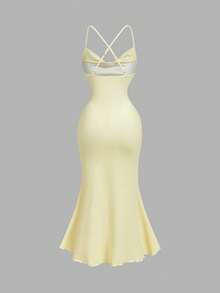 SHEIN MOD 女士印花优雅收腰中长连衣裙，适合约会和派对穿着 - 黃色 - 查看 5