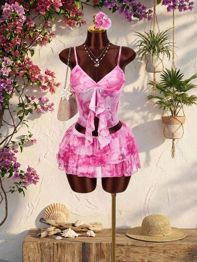 Amplova Women's 2-Piece Floral Print Set - Pink Floral Print Ruffle Hem V-Neck Camisole Top And Ruffle Hem Skirt, Vacation/Casual