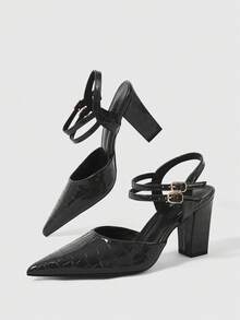 Sleekvia Damskie buty na obcasie z grubym, spiczastym obcasem, czarne, wytłoczone paskiem wokół kostki, buty na wysokim obcasie, proste, modne, uniwersalne, wygodne, dojazdowe, damskie buty na wysokim obcasie - Czarne - Zobacz 2