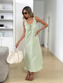 Easowa Đầm nữ kẻ caro buộc dây phía trước, dáng suông, không tay, dài đến đầu gối, kiểu dáng thường ngày. - Màu xanh nhạt - Xem 3