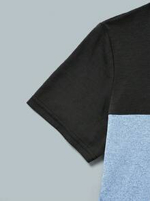 SHEIN Setelan 2 Potong untuk Anak Laki-laki Remaja, Kasual dan Nyaman, Atasan Lengan Pendek Leher Bulat Warna Kontras dan Celana Pendek Warna Polos, Anak-anak - Biru - View 5
