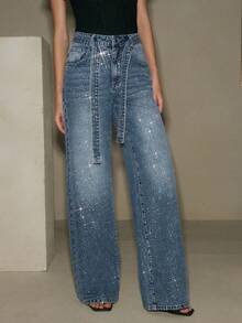 Anewsta New Arrival Rhinestone Embellished Women's Blue Straight Leg Jeans - Blue - View 1