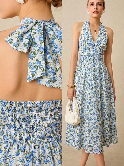 Poéselle 女士露背吊带连衣裙，收腰褶皱连衣裙，浪漫碎花长裙，女士碎花褶皱腰吊带连衣裙，适合度假、婚礼季、宾客穿着，夏季女装，夏季连衣裙，夏季沙滩装，夏季服装，春季女装，复活节连衣裙，下午茶连衣裙，春季连衣裙，夏季服装，长袍，节日服装，复活节连衣裙，碎花连衣裙，碎花连衣裙，女士连衣裙