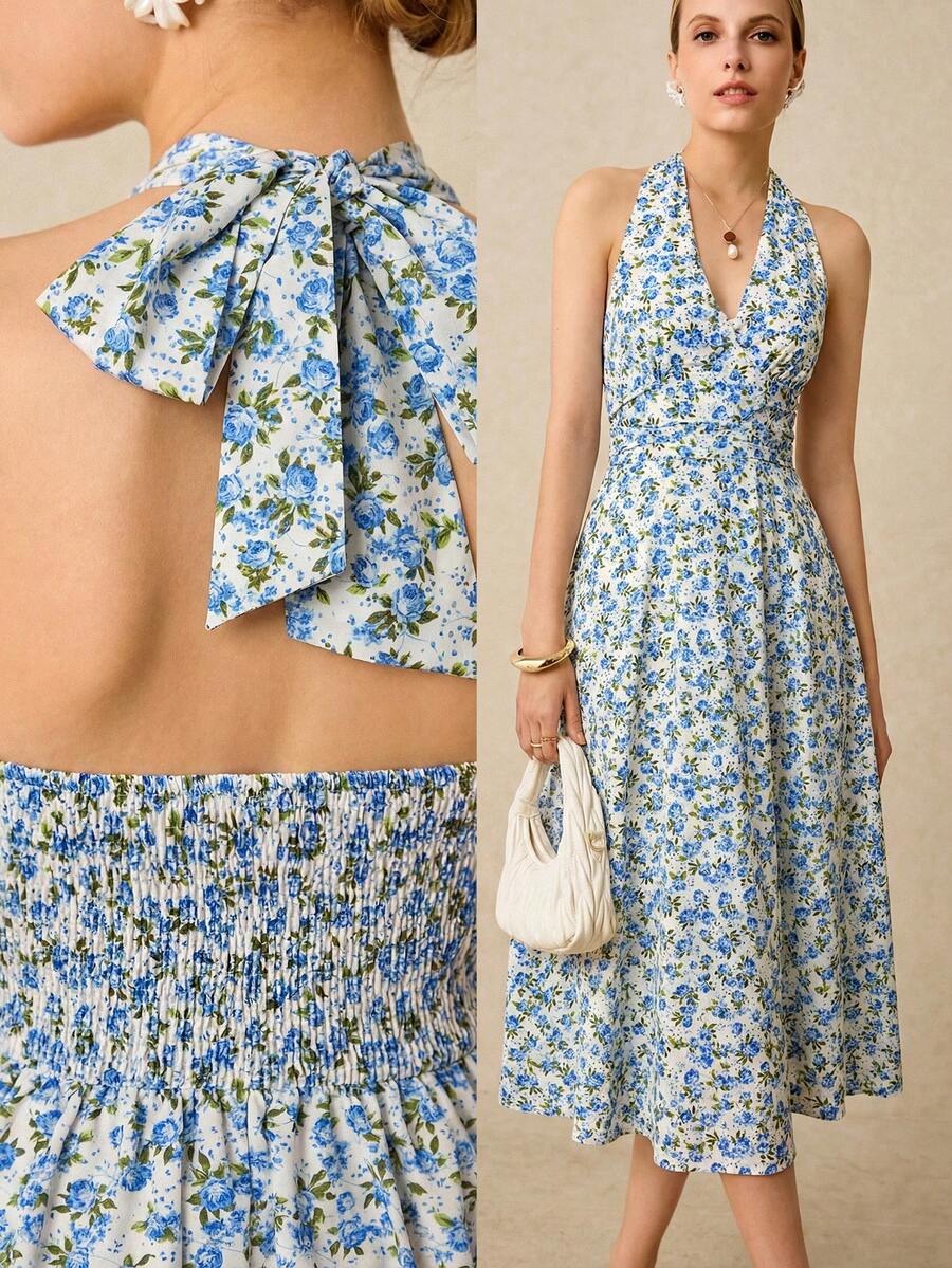 Poéselle 女士露背吊带连衣裙,收腰褶皱连衣裙,浪漫碎花长裙,女士碎花褶皱腰吊带连衣裙,适合度假、婚礼季、宾客穿着,夏季女装,夏季连衣裙,夏季沙滩装,夏季服装,春季女装,复活节连衣裙,下午茶连衣裙,春季连衣裙,夏季服装,长袍,节日服装,复活节连衣裙,碎花连衣裙,碎花连衣裙,女士连衣裙 - 藍白色 - 查看 1