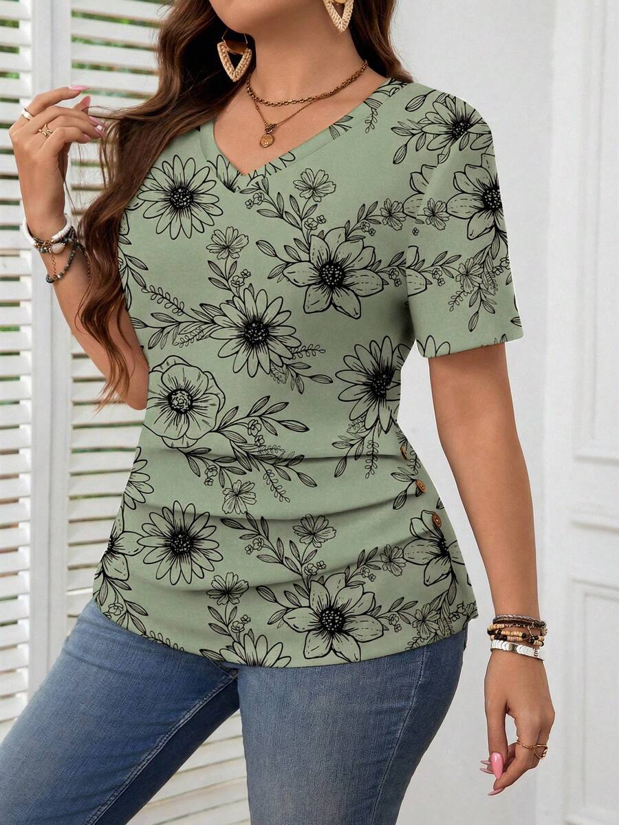 Comfylo Plus Size Women Floral Print Casual T-Shirt - Mint Green - View 1