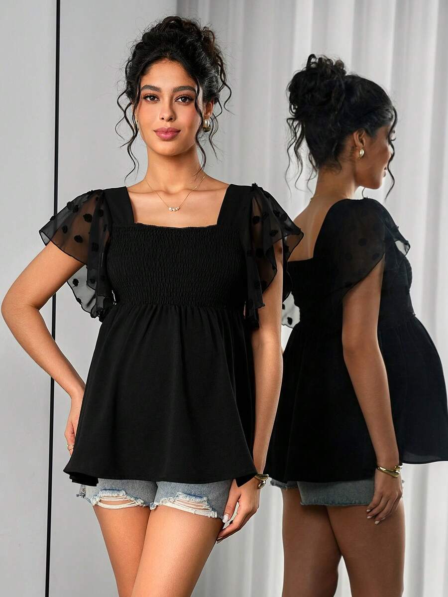 Momance 孕妇方领网纱拼接优雅上衣 - 黑色 - 查看 1