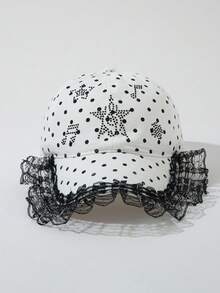 1 Women's Polka Dot Lace Rhinestone Baseball Cap - Black and White - View 2