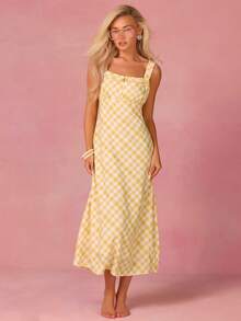Athîral 女士休闲黄色格子印花无袖中长连衣裙，度假休闲风 - 彩色 - 查看 1