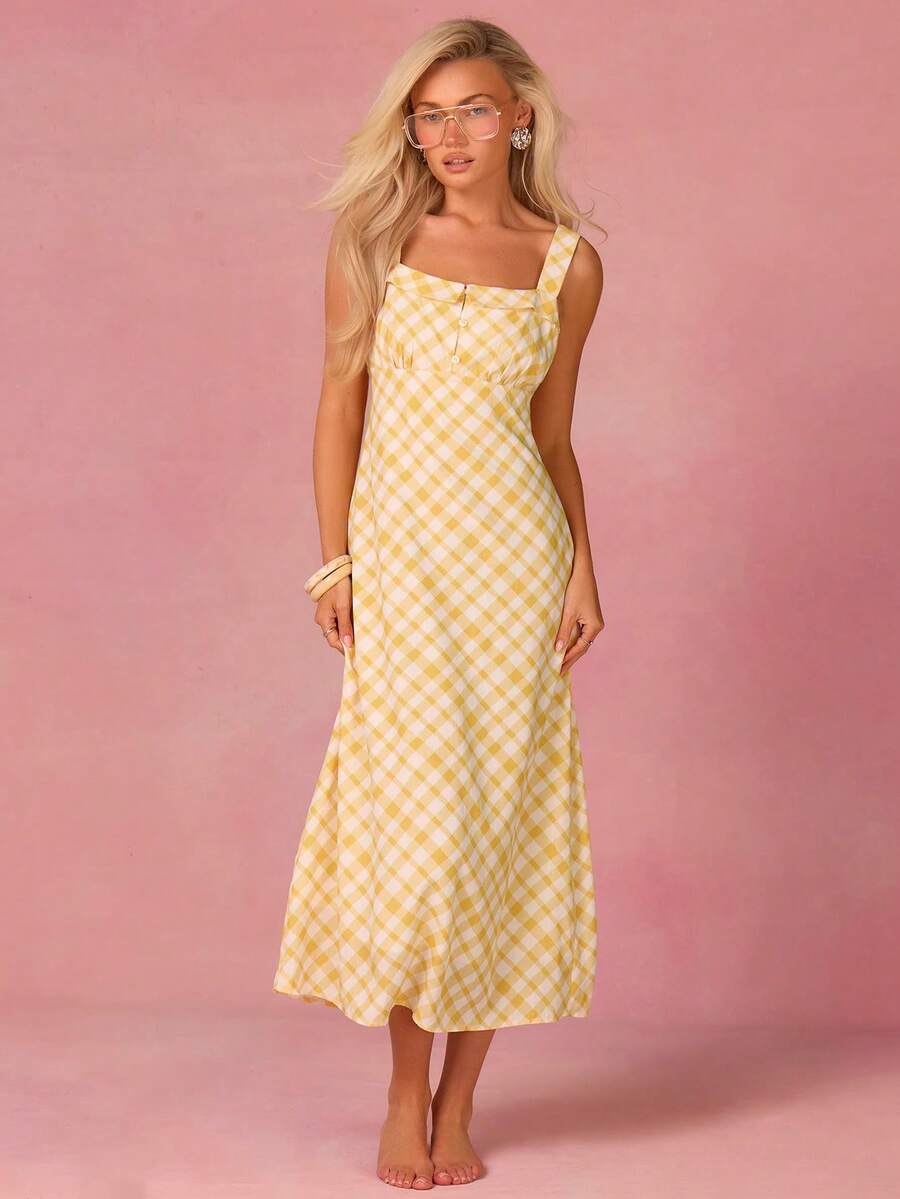 Athîral 女士休闲黄色格子印花无袖中长连衣裙，度假休闲风 - 彩色 - 查看 1