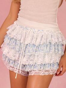 Athîral Women's Elegant Ruffled Hem Floral Lace Casual Mini Skirt, Summer - White - View 1